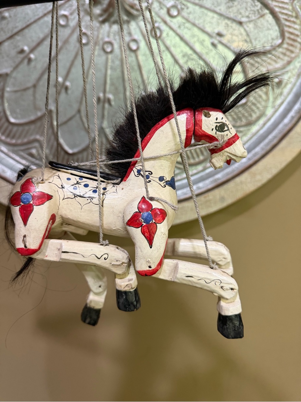 Vintage Burmese Folk Art Hand Painted Carved Wooden marionette Horse Puppet 40s - Picture 4 of 6
